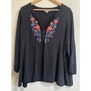 The Pioneer Woman Size XXL Black Embroidered Floral Blouse 3/4 Length Sleeves